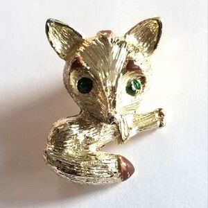 Vintage baby fox brooch by Gerry's pin green eyes gold tone animal figural